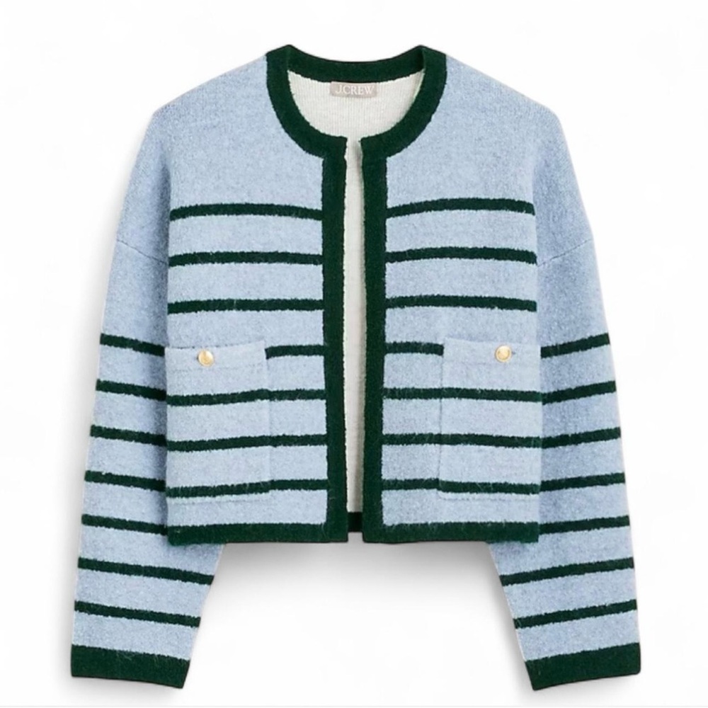 J. Crew Light Blue and Dark Green Striped Bomber Jacket